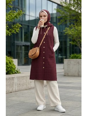 Kapitone Zincir Detaylı Düğmeli Yelek 12031-01 Bordo
