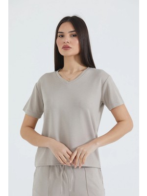Thiff Gymwear Kadın Modal Kumaş V Yaka Kısa Kolu Basic Tişört