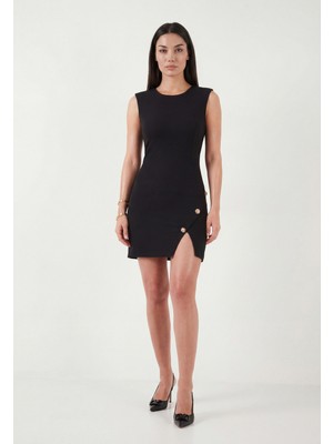 Lela Bisiklet Yaka Mini Yırtmaç Detaylı Elbise Bayan Elbise 6525717