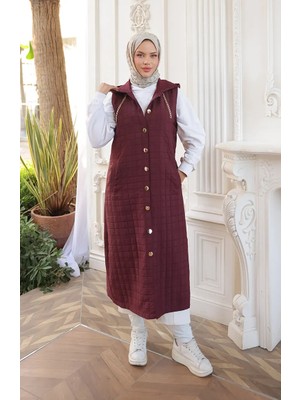 Kapitone Zincir Detaylı Düğmeli Yelek 71195-02 Bordo