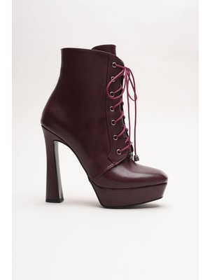 Ayakkabı Ateşi Kadın Bağcıklı Fermuarlı Yüksek Topuklu Bot Viole Bordo Cilt