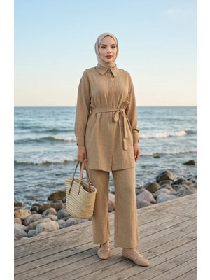 Sefa Merve Gömlek Yaka Kuşaklı Keten Ikili Takım 71199-04 Vizon