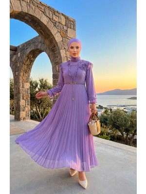 Fırfır Detaylı Şifon Elbise 50016-02 Lila