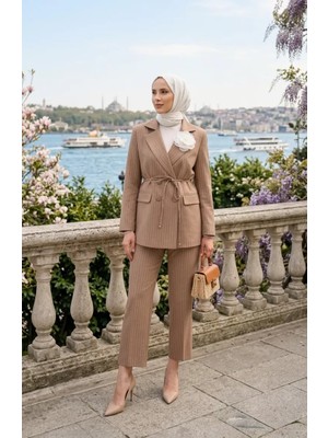 Sefa Merve Çizgili Düğmeli Ceket Pantolon Ikili Takım 50021-03 Vizon