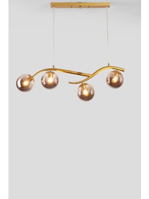 Ömür Avize Labra Modern Mimari Tasarım Smat Gold Kasa Füme Camlı Sıralı Dörtlü Avize