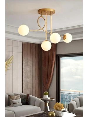 Ömür Avize Eva Modern Mat Gold Kasa Beyaz Camlı Dörtlü Avize