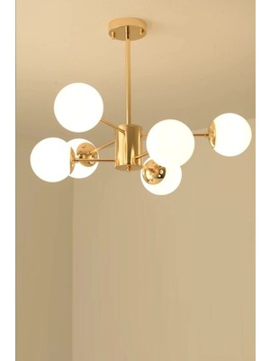 Ömür Avize Rita Modern Gold Kaplama Beyaz Globe Camlı Altılı Avize