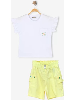 Alg KIZ ÇOCUK ŞORTLU TAKIM - ÇİÇEK İŞLEMELİ FIRFIR KOL DETAYLI BELİ LASTİKLİ (Bir Beden Büyük Önerilir)