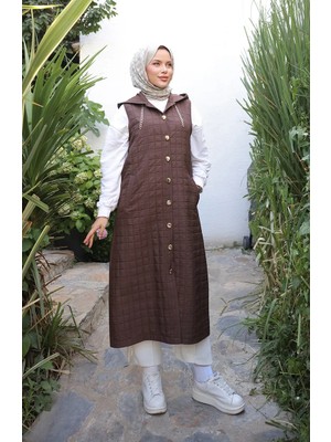 Kapitone Zincir Detaylı Düğmeli Yelek 71195-04 Kahverengi