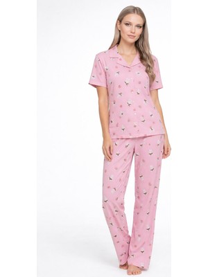 Burcumay Kısa Kollu Yazlık Düğmeli Gömlek Yaka Yumuşak Dokulu Pembe Kadın Pijama Takımı