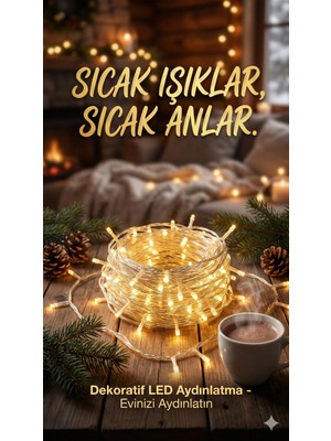 İlk El Grup Ieg™ Yılbaşı Aydınlatması 100 LED Perde Hortum Sıcak Beyaz Işık - 10 Metre Dekoratif Şeff