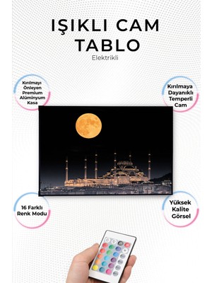 Yanardağ Modern Işıklı Ay ve Cami Tasarımlı Cam Tablo
