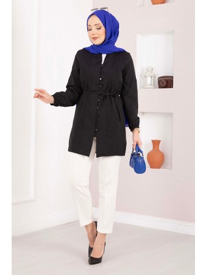 Asm Nervür Detaylı Bağcıklı Gömlek Siyah