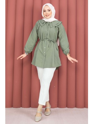 Asm Çift Yakalı Beli Bağcıklı Tesettür Gömlek Haki