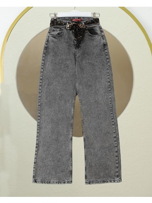 Modamorfo Fular Detaylı Palazzo Kot Pantolon  -Füme