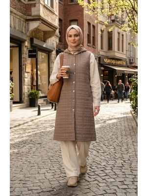 Kapitone Zincir Detaylı Düğmeli Yelek 12031-06 Vizon