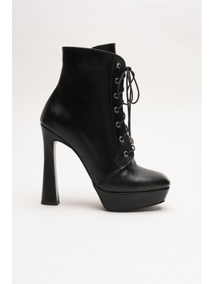 Ayakkabı Ateşi Kadın Bağcıklı Fermuarlı Yüksek Topuklu Bot Viole Siyah Cilt