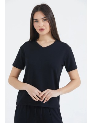 Thiff Gymwear Kadın Modal Kumaş V Yaka Kısa Kolu Basic Tişört