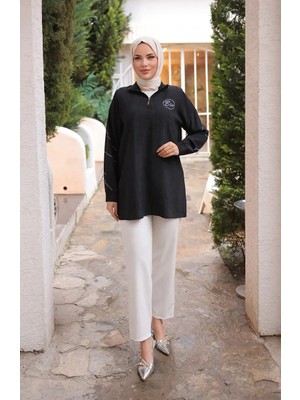 Sefa Merve Taş Detaylı Fermuarlı Tunik 71245-04 Siyah