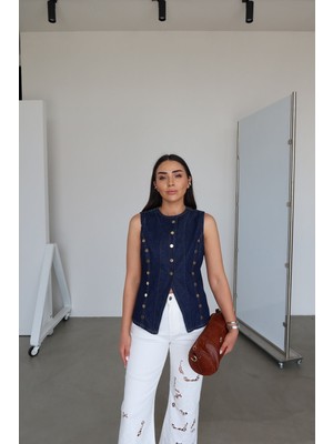 Özge Özgenç Gold Düğmeli Denim Yelek