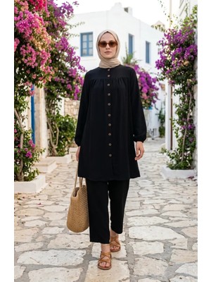 Sefa Merve Aerobin Kumaş Tunik Pantolon Ikili Takım 4146-04 Siyah