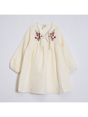 Ozzy Kids Kız Çocuk Çiçek Nakışlı Müslin Elbise