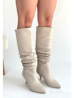 Bluefeet Bej Cilt Kadın Topuklu Çizme