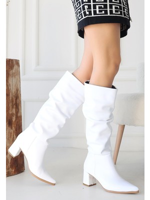 Bluefeet Beyaz Cilt Kadın Topuklu Çizme