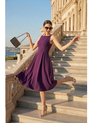 Lela Regular Fit Bisiklet Yaka Cepli Pileli Midi Boy Abiye Elbise Bayan Elbise 6111963