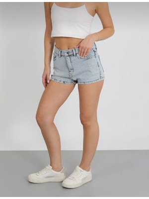 Lyvens Buz Mavisi Kar Yıkama Mini Denim Şort - Kadın Jean Şort