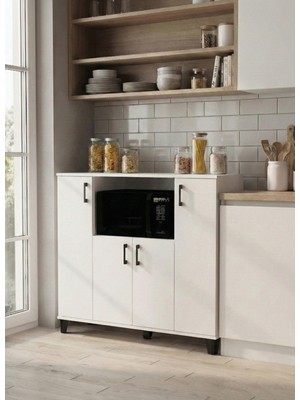 Gold Falez Mutfak Dolap Çok Amaçlı Mikrodalga Fırın Dolabı Raflı Kapaklı Kiler Depolama Dolabı 226 Beyaz