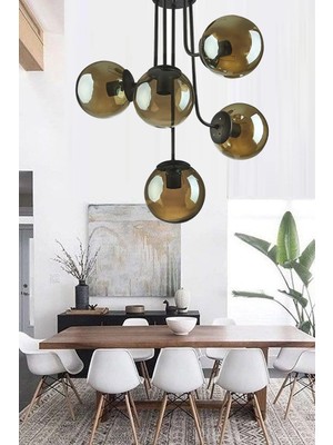 Ömür Avize Vera Modern Tasarım Globe Siyah Kasa Fme Camlı Beşli Avize