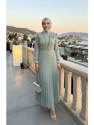 Fırfır Detaylı Şifon Elbise 50016-05 Çağla Yeşili