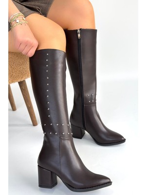 Bluefeet Kahverengi Cilt Kadın Topuklu Çizme