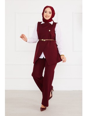 Md Kemerli Yelekli Tesettür İkili Takım Bordo