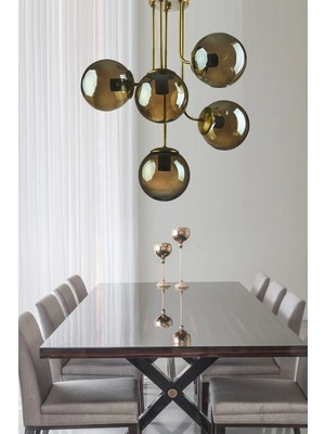 Ömür Avize Vera Modern Tasarım Gold Kasa Füme Globe Camlı Beşli Avize