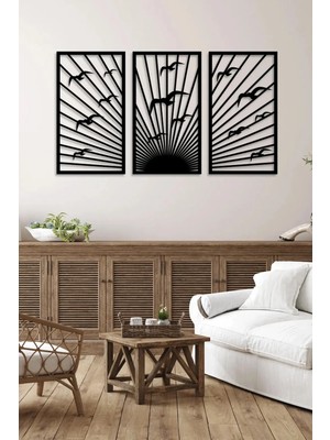 Artavessa 3 Parça Kuşlar ve Gün Batımı Temalı Lazer Kesim Mdf Tablo Seti - Model 5