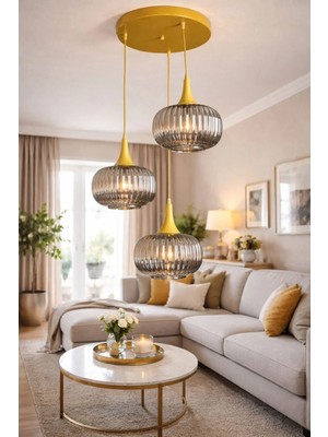 Ömür Avize Pare 3lü Eskitme Gold Kasa Sarkıt Avize