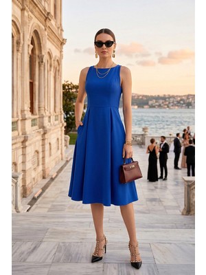 Lela Regular Fit Bisiklet Yaka Cepli Pileli Midi Boy Abiye Elbise Bayan Elbise 6111963