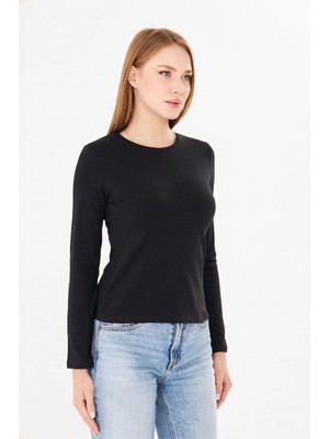 Sortie Collection Kadın Siyah Bisiklet Yaka Pamuklu Uzun Kollu Basic Penye Tshirt Bluz