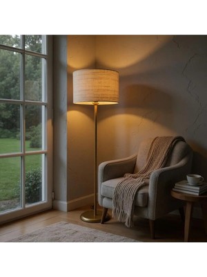 Ömür Avize Farel Gold Ayaklıı Rattan Şapkalı Silindir Lambader