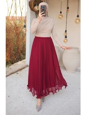 Piliseli Şifon Etek 71262-03 Bordo