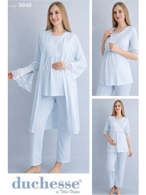 Duchesse 3040 Mavi 3 Lü Hamile Lohusa Pijama Sabahlık Tk