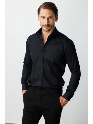 İGS Siyah Regular Fit Geniş Kalıp Klasik Yaka Düz Uzun Kollu Cepsiz %100 Pamuk Non Iron Ütü Istemeyen Gömlek