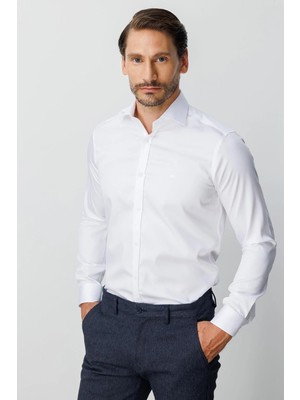 İGS Beyaz Regular Fit Geniş Kalıp Klasik Yaka Düz Uzun Kollu Cepsiz %100 Pamuk Non Iron Ütü Istemeyen Gömlek