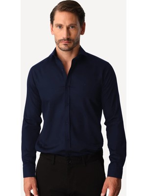 İGS Lacivert Regular Fit Geniş Kalıp Klasik Yaka Düz Uzun Kollu Cepsiz %100 Pamuk Non Iron Ütü Istemeyen Gömlek