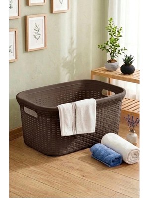 Saban Kahverengi, Hasır Desenli Plastik Çamaşır Selesi - 25x35x53cm