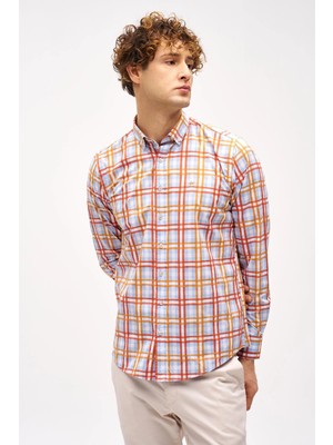 İGS Turuncu Dynamic Fit  Düğmeli Yaka Ekose Uzun Kollu Cepsiz %100 Pamuk Gömlek
