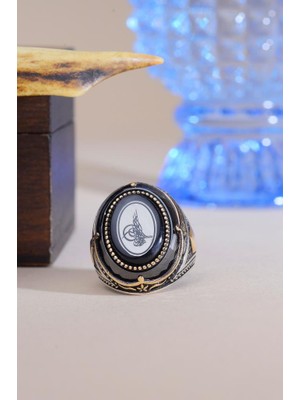 INNUENDO JEWELRY 925 Ayar Gümüş Osmanlı Tuğralı Siyah Taşlı Erkek Yüzük