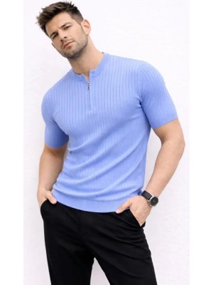 Beruflic Erkek Kısa Kol Fitilli Triko T-Shirt Yazlık Hakim Yaka Tişört - Bebek Mavisi